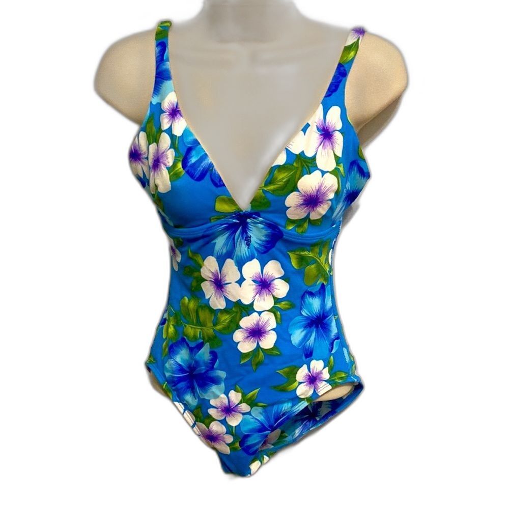 LANDS END Floral Green Tropical Leaves One Piece Swimsuit Womens Size 8
